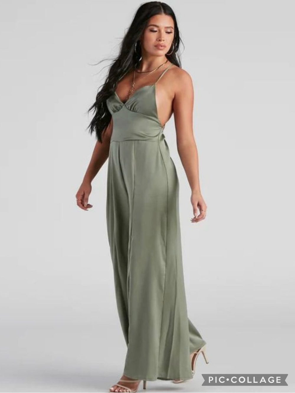Magnolia Boutique Jumpsuit Sage Green Satin Wide Leg Strappy Back M/L